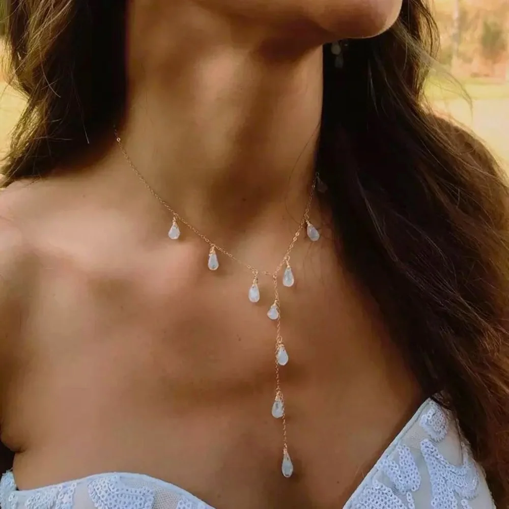 "Vera" Teardrop Gem Layered Minimalist Statement Casual/Formal Gold Necklace - Picture 1 of 7